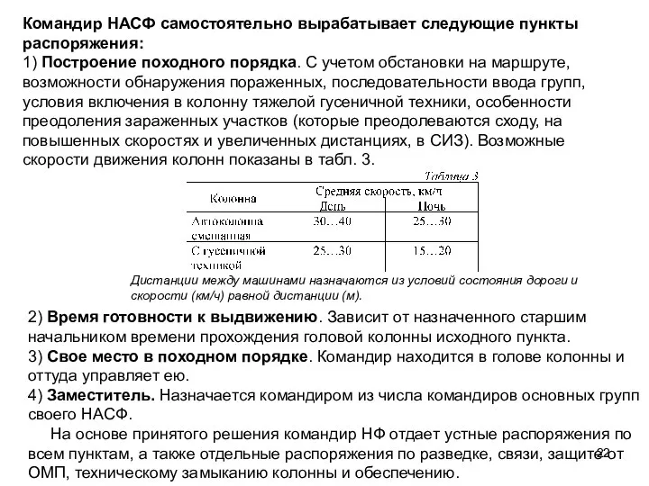 Командир НАСФ самостоятельно вырабатывает следующие пункты распоряжения: 1) Построение походного порядка.