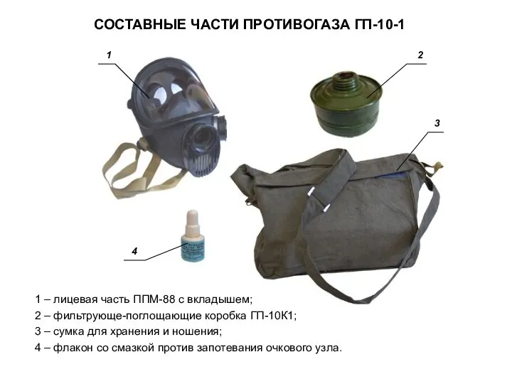 СОСТАВНЫЕ ЧАСТИ ПРОТИВОГАЗА ГП-10-1 1 4 2 3 1 – лицевая