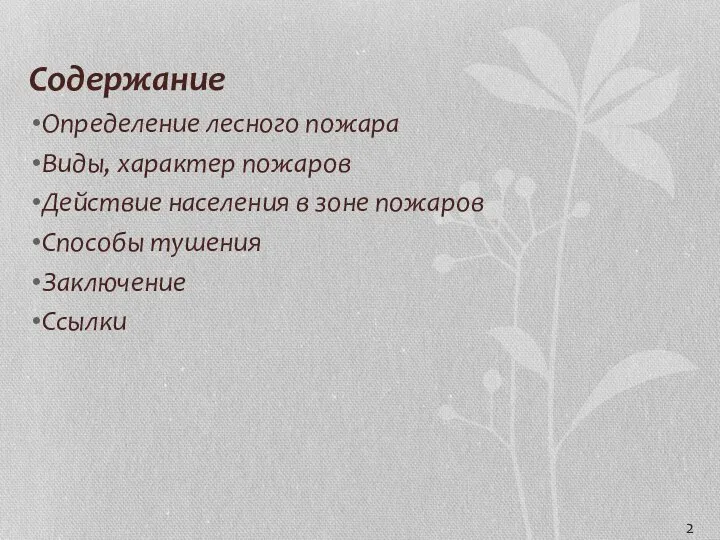 Содержание Определение лесного пожара Виды, характер пожаров Действие населения в зоне