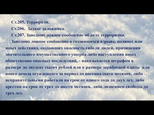 Ст.205. Терроризм. Ст.206. Захват заложника. Ст.207. Заведомо ложное сообщение об акте