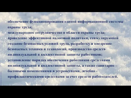 обеспечение функционирования единой информационной системы охраны труда; международное сотрудничество в области