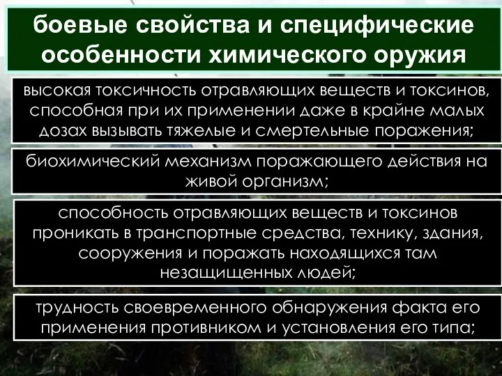 боевые свойства и специфические особенности химического оружия высокая токсичность отравляющих веществ