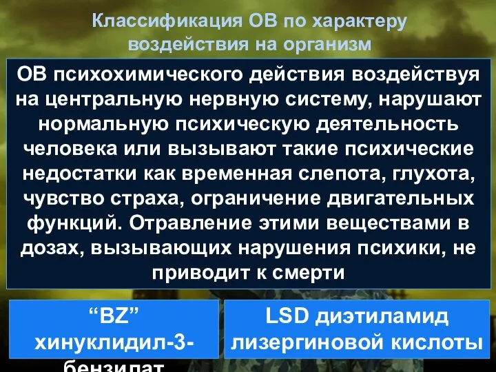 Классификация ОВ по характеру воздействия на организм ОВ психохимического действия воздействуя