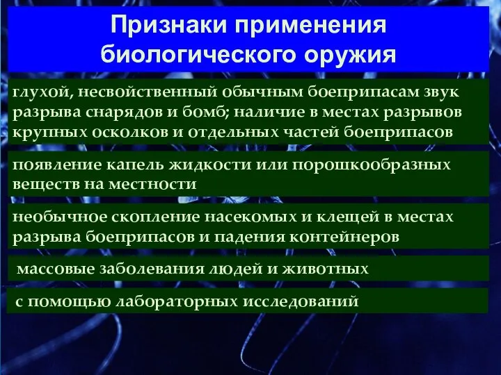 Признаки применения биологического оружия глухой, несвойственный обычным боеприпасам звук разрыва снарядов