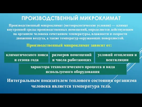 ПРОИЗВОДСТВЕННЫЙ МИКРОКЛИМАТ Производственный микроклимат (метеорологические условия) — климат внутренней среды производственных