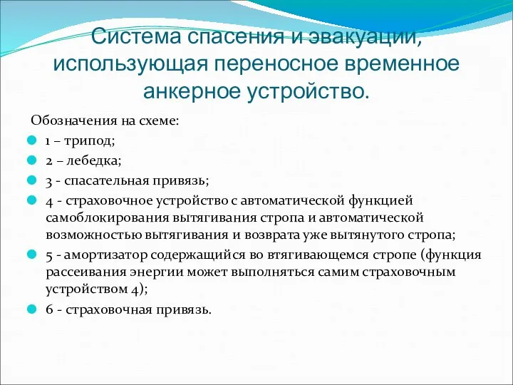 Система спасения и эвакуации, использующая переносное временное анкерное устройство. Обозначения на