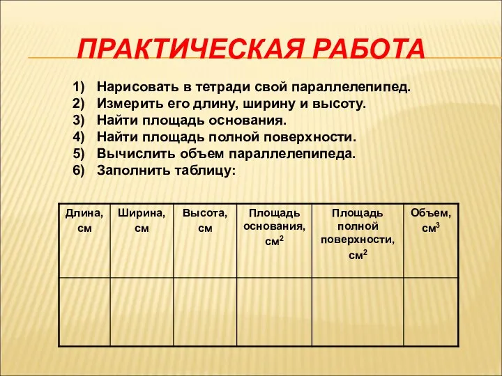 ПРАКТИЧЕСКАЯ РАБОТА Нарисовать в тетради свой параллелепипед. Измерить его длину, ширину