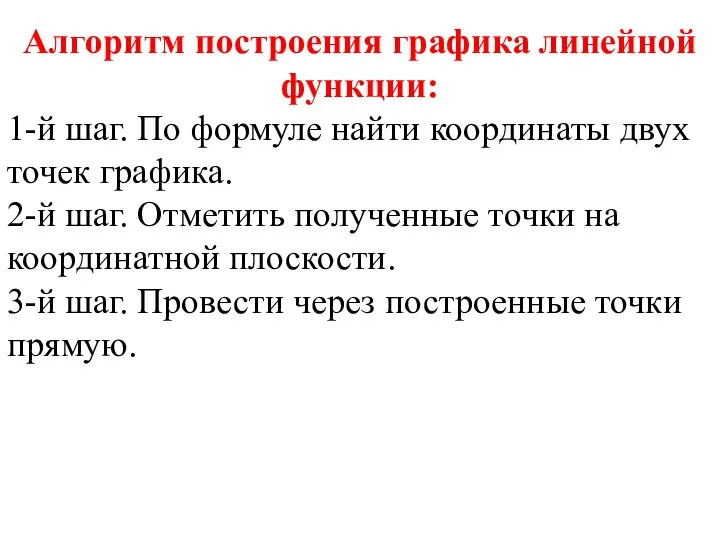 Алгоритм построения графика линейной функции: 1-й шаг. По формуле найти координаты