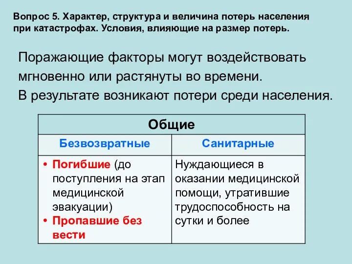 Поражающие факторы могут воздействовать мгновенно или растянуты во времени. В результате