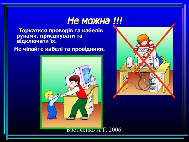 Бройченко А.Г. 2006 Не можна !!! Торкатися проводів та кабелів руками,