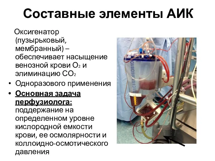 Составные элементы АИК Оксигенатор (пузырьковый, мембранный) – обеспечивает насыщение венозной крови