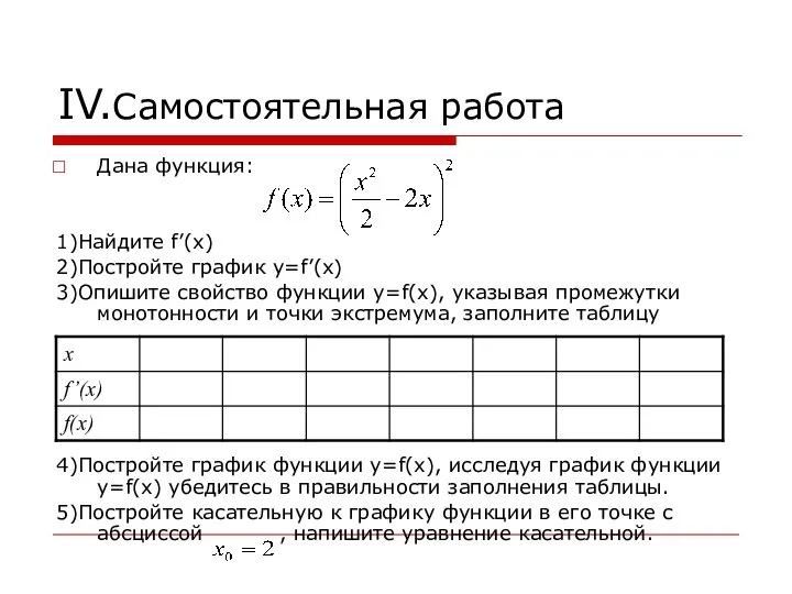 IV.Самостоятельная работа Дана функция: 1)Найдите f’(x) 2)Постройте график y=f’(x) 3)Опишите свойство