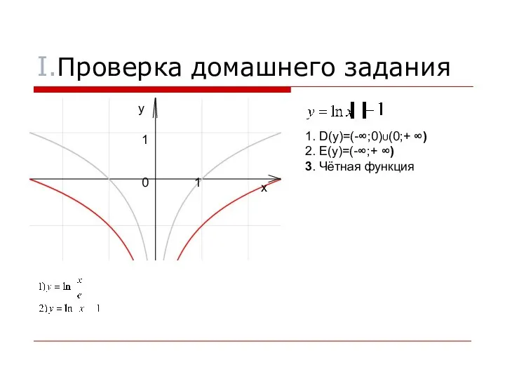 I.Проверка домашнего задания 1. D(y)=(-∞;0)U(0;+ ∞) 2. E(y)=(-∞;+ ∞) 3. Чётная