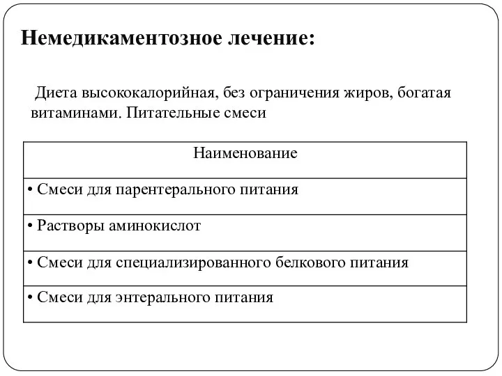 Немедикаментозное лечение: Диета высококалорийная, без ограничения жиров, богатая витаминами. Питательные смеси