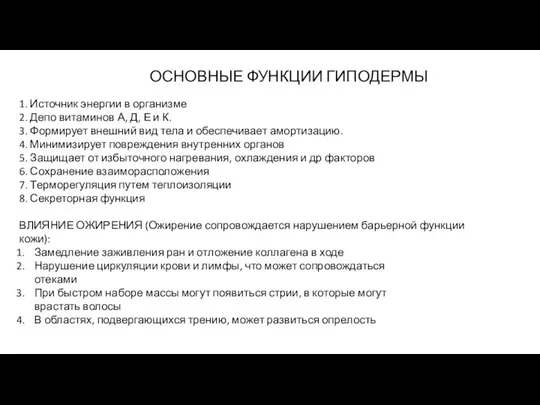 ОСНОВНЫЕ ФУНКЦИИ ГИПОДЕРМЫ 1. Источник энергии в организме 2. Депо витаминов