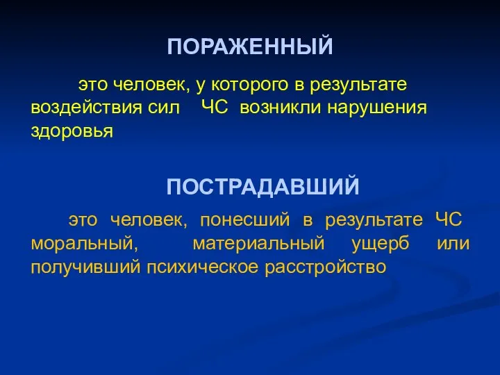 ПОРАЖЕННЫЙ это человек, у которого в результате воздействия сил ЧС возникли