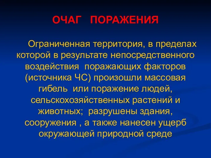 ОЧАГ ПОРАЖЕНИЯ Ограниченная территория, в пределах которой в результате непосредственного воздействия