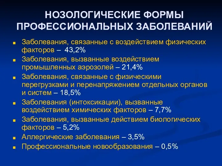 НОЗОЛОГИЧЕСКИЕ ФОРМЫ ПРОФЕССИОНАЛЬНЫХ ЗАБОЛЕВАНИЙ Заболевания, связанные с воздействием физических факторов –