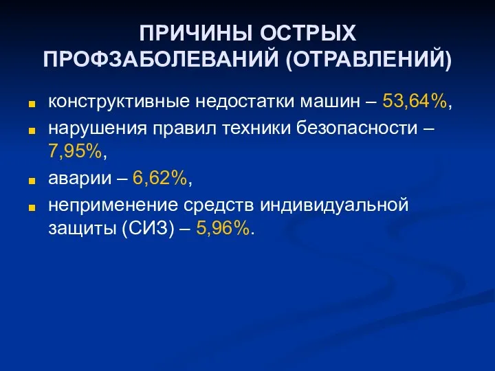 ПРИЧИНЫ ОСТРЫХ ПРОФЗАБОЛЕВАНИЙ (ОТРАВЛЕНИЙ) конструктивные недостатки машин – 53,64%, нарушения правил