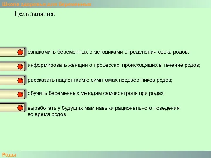 Школа здоровья для беременных Роды Цель занятия: ознакомить беременных с методиками