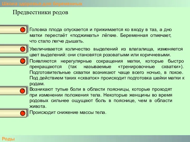 Школа здоровья для беременных Роды Предвестники родов Головка плода опускается и