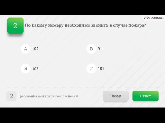 Ответ Назад Требования пожарной безопасности 2 А Б В Г 102