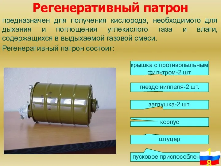 Регенеративный патрон предназначен для получения кислорода, необходимого для дыхания и поглощения