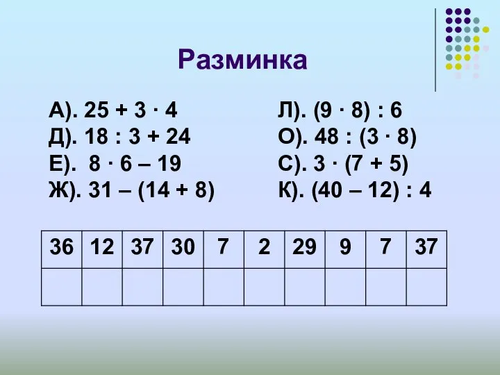 Разминка А). 25 + 3 ∙ 4 Д). 18 : 3