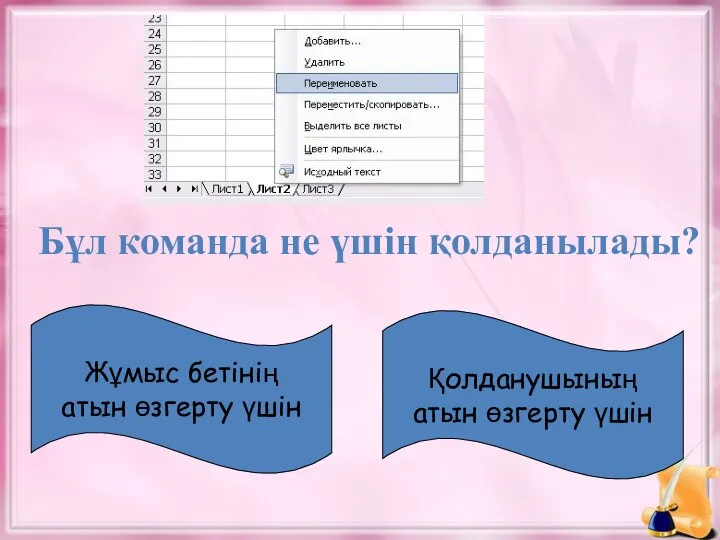 Бұл команда не үшін қолданылады? Жұмыс бетінің атын өзгерту үшін Қолданушының атын өзгерту үшін