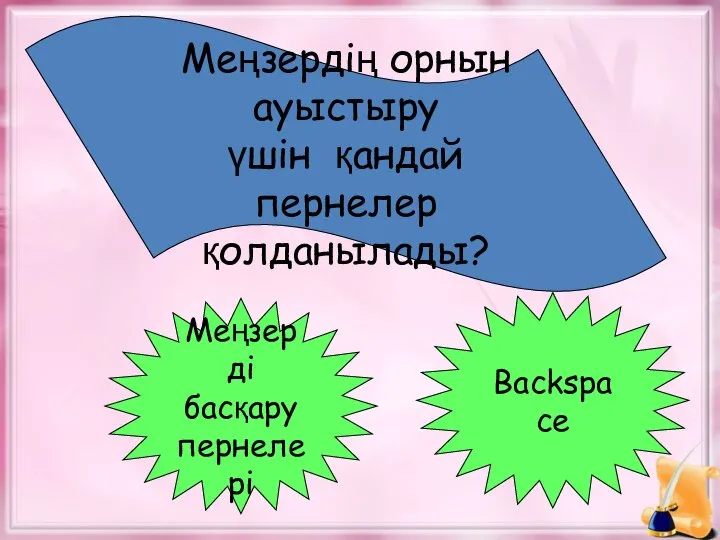 Меңзердің орнын ауыстыру үшін қандай пернелер қолданылады? Меңзерді басқару пернелері Backspace