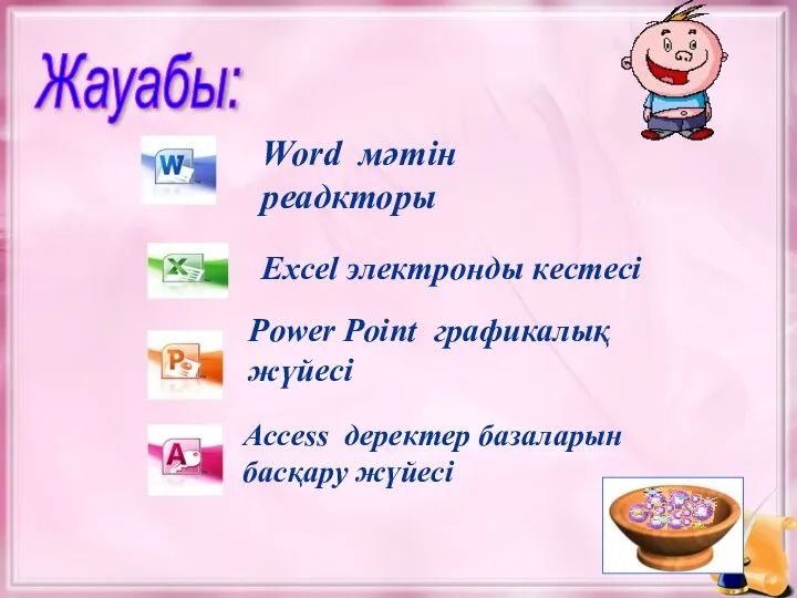 Жауабы: Word мәтін реадкторы Excel электронды кестесі Power Point графикалық жүйесі Access деректер базаларын басқару жүйесі