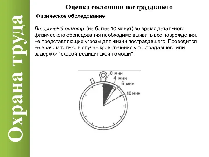 Охрана труда Оценка состояния пострадавшего Физическое обследование Вторичный осмотр: (не более