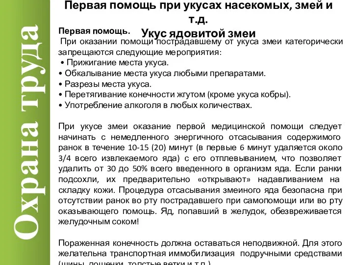 Охрана труда Первая помощь. При оказании помощи пострадавшему от укуса змеи