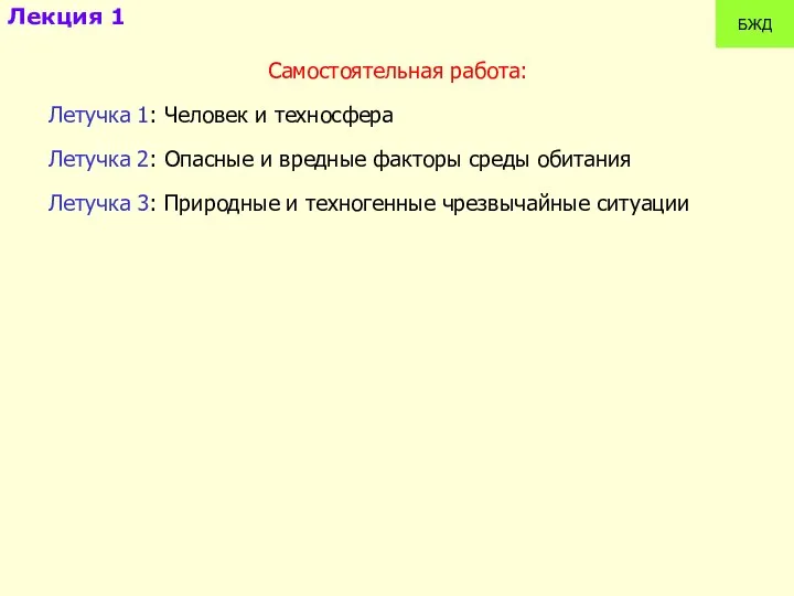 Самостоятельная работа: Летучка 1: Человек и техносфера Летучка 2: Опасные и