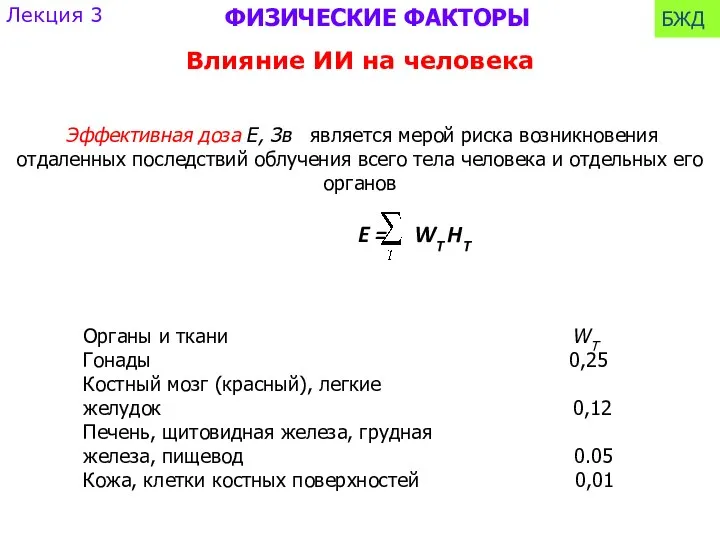 Влияние ИИ на человека Эффективная доза Е, Зв является мерой риска