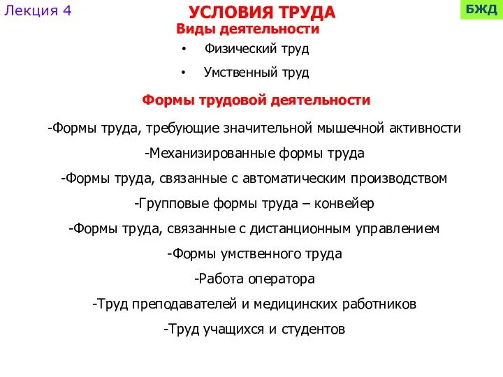 Виды деятельности Физический труд Умственный труд Лекция 4 БЖД Формы трудовой