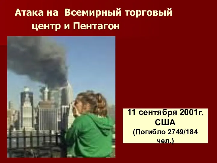 Атака на Всемирный торговый центр и Пентагон 11 сентября 2001г. США (Погибло 2749/184 чел.)