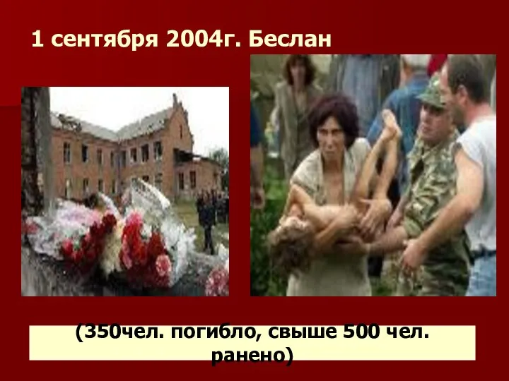 1 сентября 2004г. Беслан (350чел. погибло, свыше 500 чел. ранено)