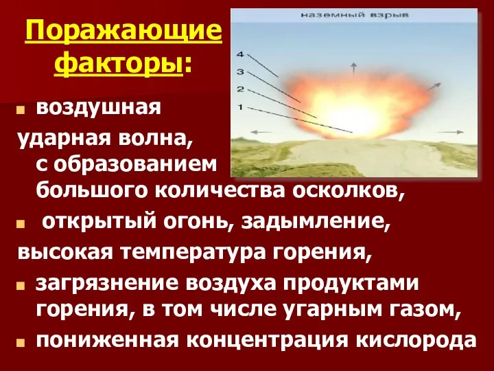 Поражающие факторы: воздушная ударная волна, с образованием большого количества осколков, открытый