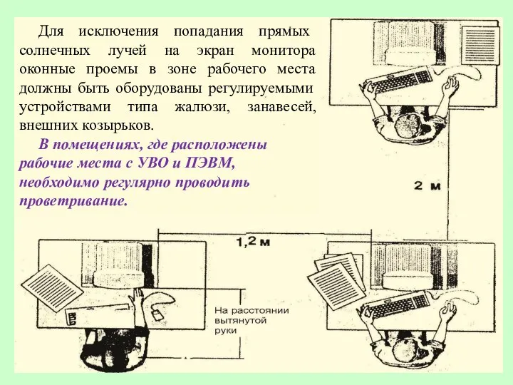 Для исключения попадания прямых солнечных лучей на экран монитора оконные проемы