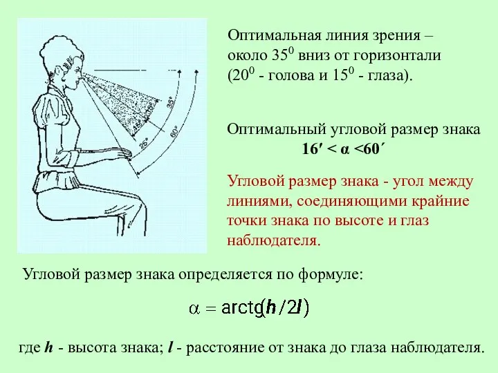 Оптимальный угловой размер знака 16′ Угловой размер знака - угол между