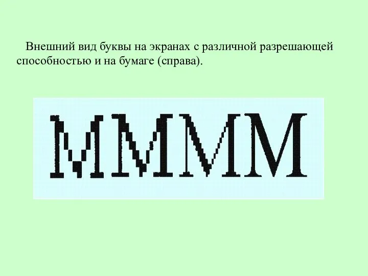 Внешний вид буквы на экранах с различной разрешающей способностью и на бумаге (справа).