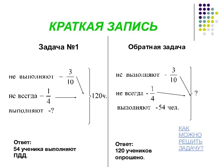 КРАТКАЯ ЗАПИСЬ Задача №1 Обратная задача Ответ: 54 ученика выполняют ПДД.