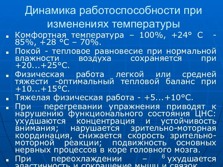 Динамика работоспособности при изменениях температуры Комфортная температура – 100%, +24° С