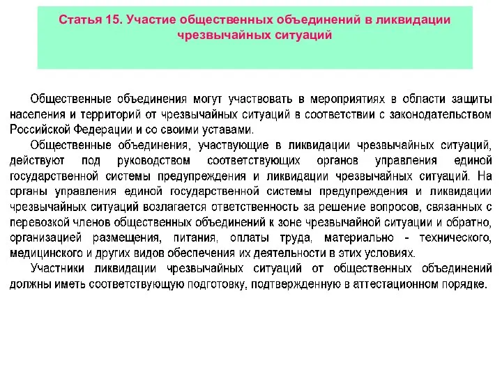 Статья 15. Участие общественных объединений в ликвидации чрезвычайных ситуаций