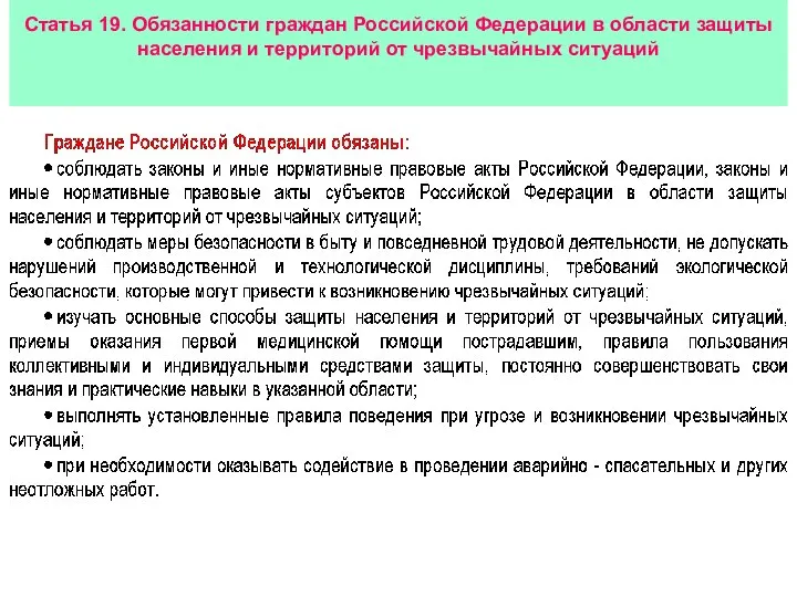 Статья 19. Обязанности граждан Российской Федерации в области защиты населения и территорий от чрезвычайных ситуаций