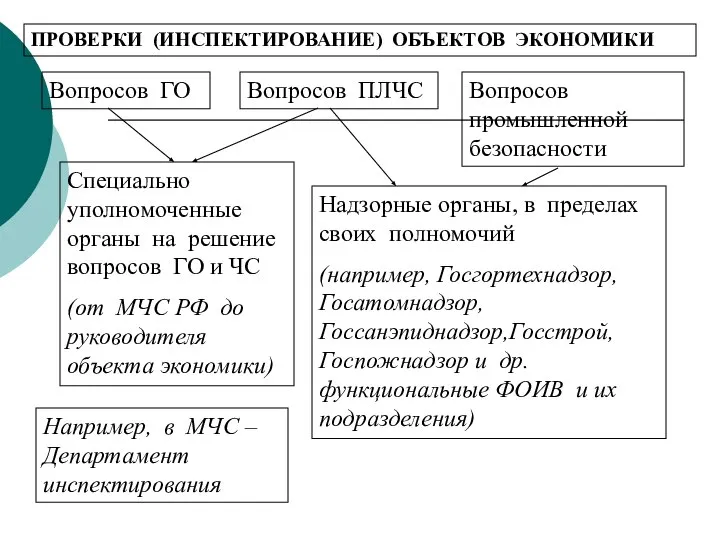 ПРОВЕРКИ (ИНСПЕКТИРОВАНИЕ) ОБЪЕКТОВ ЭКОНОМИКИ Вопросов ГО Вопросов ПЛЧС Вопросов промышленной безопасности