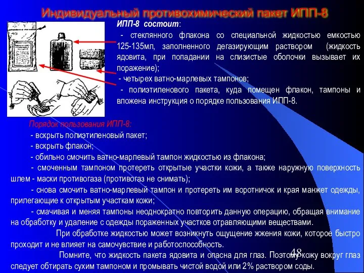 Индивидуальный противохимический пакет ИПП-8 ИПП-8 состоит: - стеклянного флакона со специальной