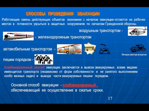 СПОСОБЫ ПРОВЕДЕНИЯ ЭВАКУАЦИИ Основной способ эвакуации - комбинированный , обеспечивающий ее