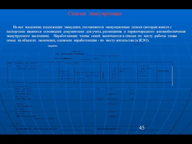 Списки эвакуируемых На все население, подлежащее эвакуации, составляются эвакуационные списки (которые